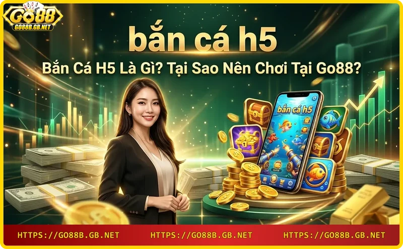 Điện thoại hiển thị game bắn cá H5 với đồ họa neon sống động
