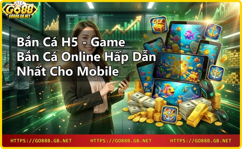 Điện thoại hiển thị game bắn cá H5 với đồ họa neon sống động
