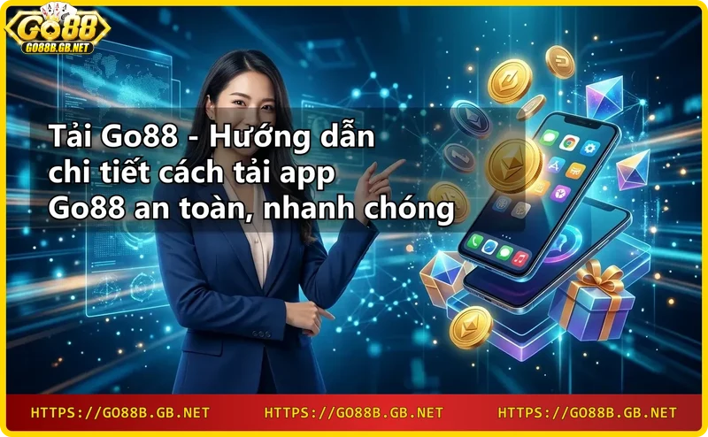Hình ảnh minh họa: người dùng điện thoại với biểu tượng an toàn, tránh link giả mạo khi tải Go88.